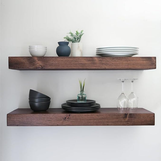 Modern Floating Shelves 3 Inches Thick for Wall, Wide Shelves for Kitchen, Living Room, Bedroom, and Bathroom, Natural Pine Wood, Rustic Wooden Shelf, (Set of 2) (Provincial, 24Lx3Hx8D)
