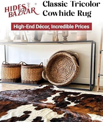 Tricolor Cowhide Rug Classic Brown, Black and White Color Mix, Natural Leather Hide, Area Rug (6x8ft)-Ruum Studio Home
