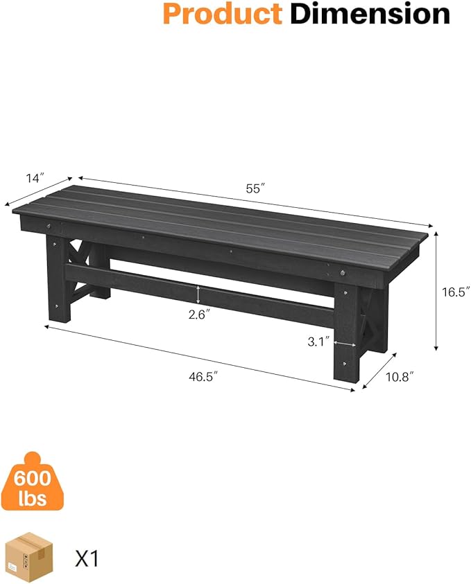 HDPE Outdoor Bench, 55" Patio Bench Outdoor Furniture, Poly Lumber Adirondack Benches, Fade-Resistant HDPE Garden Backless Benches for Park, Poolside, Garden, Porch, Obsidian-Ruum Studio Home