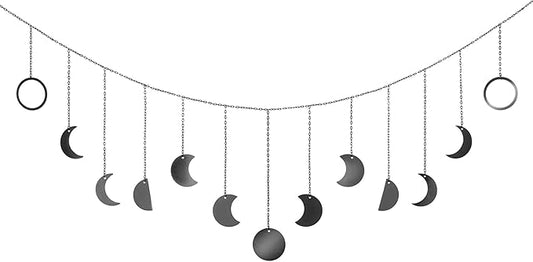 Mkono Moon Phase Wall Hanging Boho Aesthetic Room Decor Metal Moons Garland Hanging Art Bohemian Home Decoration for Girls Room Nursery Bedroom Livingroom Dorm, Ideal, Black, 55"-Ruum Studio Home