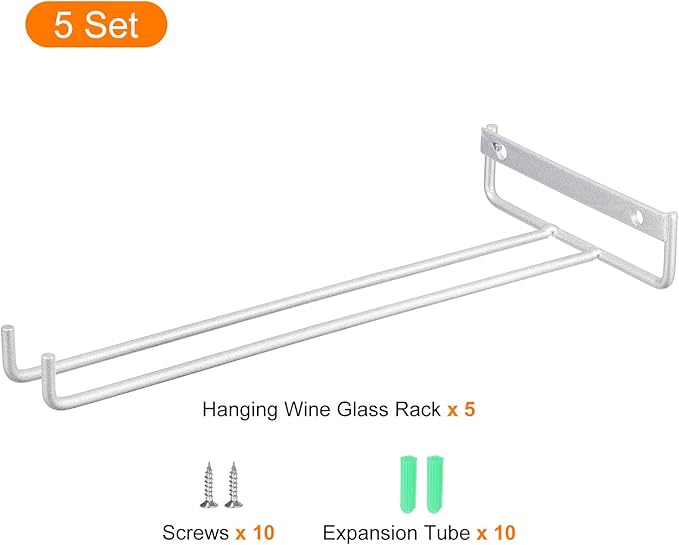 uxcell 5Pcs Wine Glass Rack, 10.43 Inch Iron Wine Glasses Rack Under Cabinet Stemware Rack - Wall Mountable Wine Glass Holder Storage Hanger for Bars Coffee Restaurants Kitchens, Silver-Ruum Studio Home