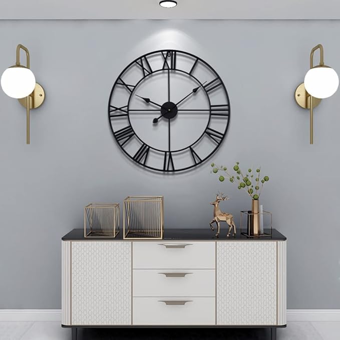 LEIKE Large Wall Clock, 24" Completely Silent, Non Ticking, Battery-Operated,Rustic Round Modern Metal Wall Clock Decor for Living Room, Bedroom and Kitchen, (60cm, Black-Roman Number)-Ruum Studio Home
