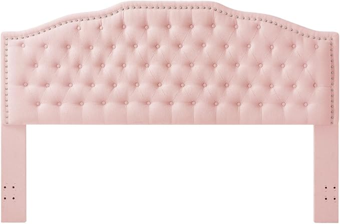 24KF Upholstered Button Tufted King Size Headboard with Nailhead Trim, Elegant Boucle Fabric California King headboard, 6031-K-Boucle-Pink-Ruum Studio Home