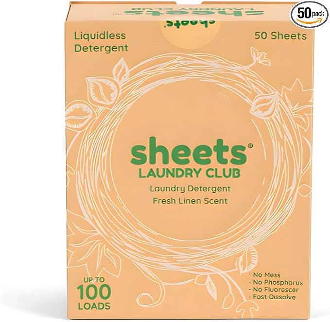 Sheets Laundry Club Laundry Detergent Sheets, 100 Loads - Fresh Linen Scent, Eco-Friendly, Quick-Dissolving Formula, Hypoallergenic, Septic Safe, Plastic-Free Packaging - 50 Sheets-Ruum Studio Home