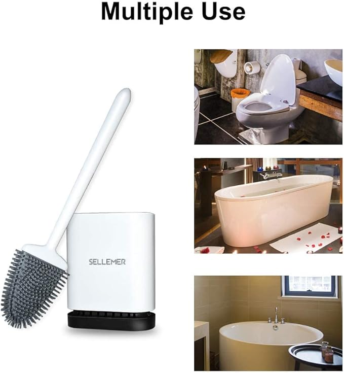 Sellemer Toilet Brush and Holder Set for Bathroom, Flexible Toilet Bowl Brush Head with Silicone Bristles, Compact Size for Storage and Organization, Ventilation Slots Base (2 Pack, White)-Ruum Studio Home