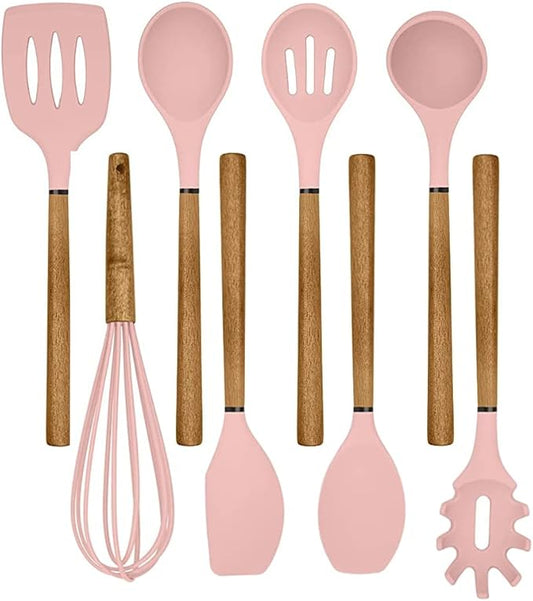 Country Kitchen Non Stick Silicone Utensil Set with Rounded Wood Handles for Cooking and Baking, 8 Piece Set, Pink-Ruum Studio Home