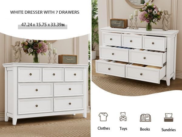 BLANKSPACE White 7 Drawer Dresser, Modern Dresser for Bedroom, Wood Drawer Organizer with Metal Knobs, Large Capacity Wood Cabinet for Bedroom-Ruum Studio Home
