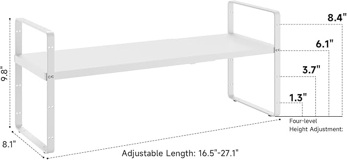 16.5~27.1" Expandable Shelf Organizer, 1Pack 8.1" Wide Stackable Cabinet Shelf Organizers, White Metal Sturdy Kitchen Counter Storage for Countertop, Adjustable Height Spice Rack-Ruum Studio Home