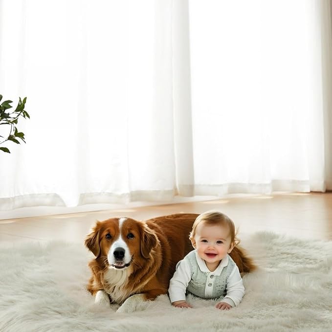 AMTOVO Faux Fur Sheepskin Rug for Living Room, 4 x 6 ft Light Grey Fluffy Area Rug for Bedroom, Playroom, Luxury Room Decor, Rectangle-Ruum Studio Home