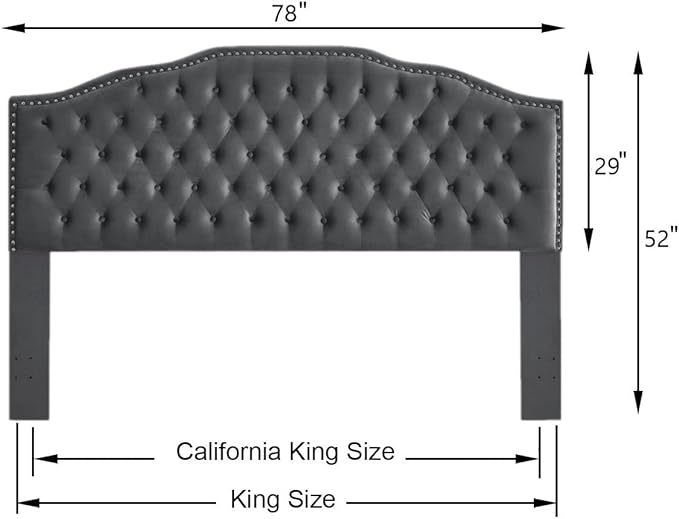 24KF Upholstered Button Tufted King Size Headboard with Nailhead Trim, Soft Velvet Fabric Headboard King/Cal King Size -Dark Gray-Ruum Studio Home
