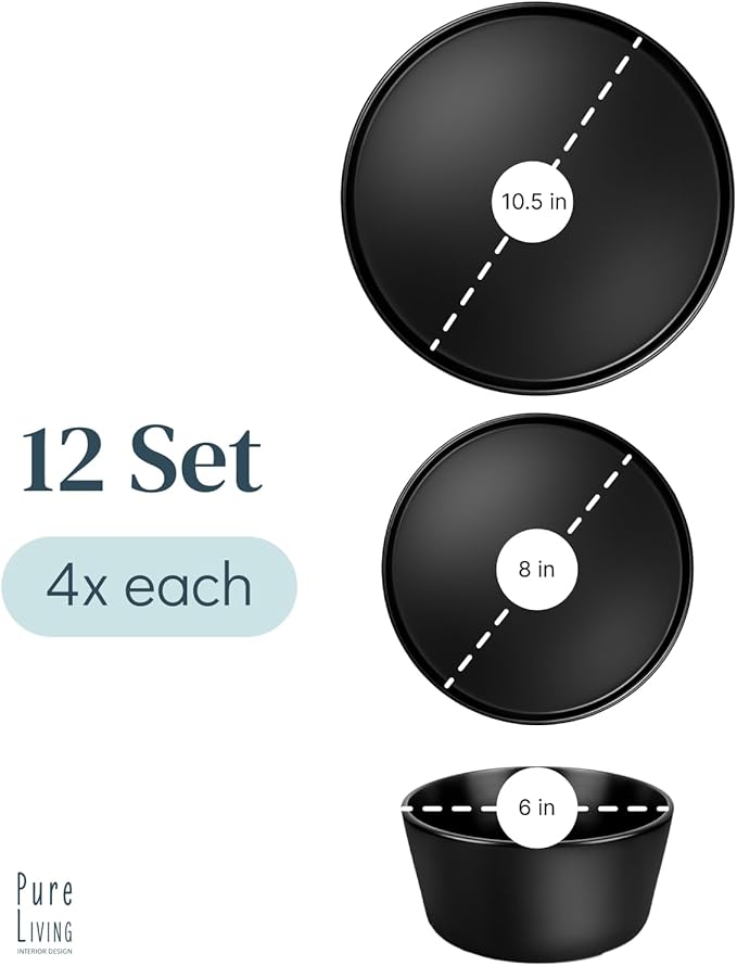 Ceramic Dinnerware Set - Scratch Resistant, Dishwasher & Microwave Safe Stoneware - 12 Piece Plates and Bowls for 4 - Matte Black-Ruum Studio Home