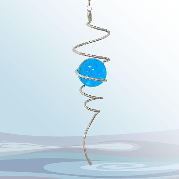 Gazing Ball Spiral Decorative Wind Spinner Tail with Blue Glass Orb,Wind Spinner Spiral Stabilizer,Hanging Visual Illusion in Spinning Yard Art Decor,Indoor Outdoor Garden Decoration-13 in-Ruum Studio Home