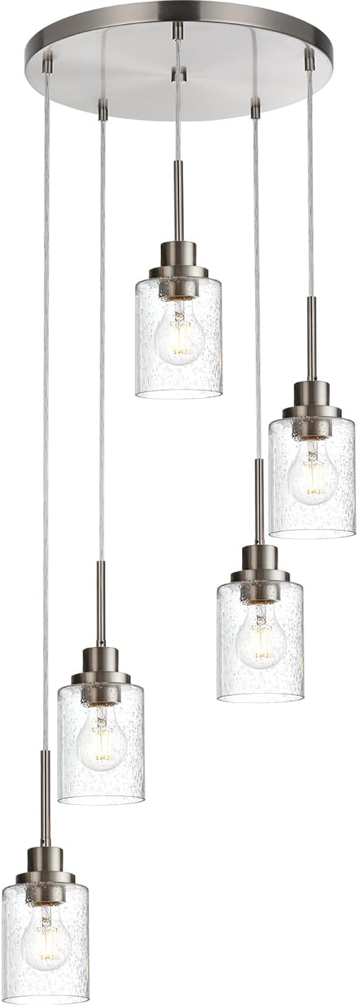 5 Light Farmhouse Pendant Lighting for Kitchen Island,Brushed Nickel Dining Room Cluster Pendant Light Fixtures Hanging Ceiling with Seeded Glass,Modern Pendant Light for Entrance Stairwell-Ruum Studio Home
