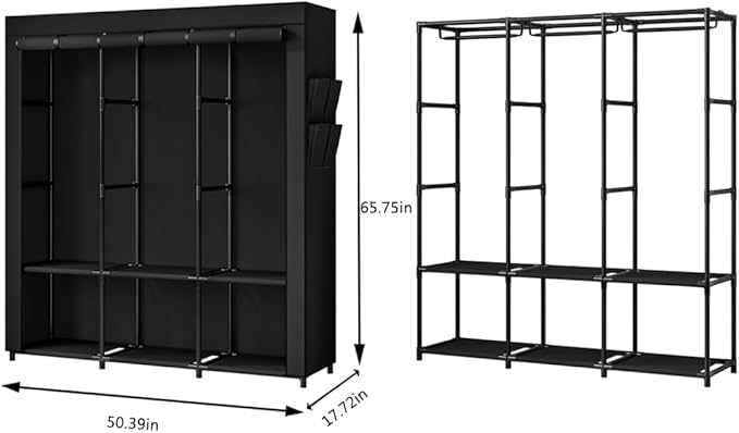 SORCEDAS Portable Closet Wardrobe Storage Organizer Metal Hanging Rack Non-Woven Fabric 50 Inch (Black)-Ruum Studio Home