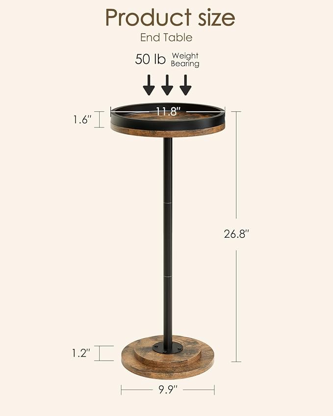 Masupu Drink Table, Round Side Table for Small Spaces, Pedestal Small End Table with Metal Base, for Living Room, Bedroom, Bathroom, Rustic Brown+Black(Lip)-Ruum Studio Home