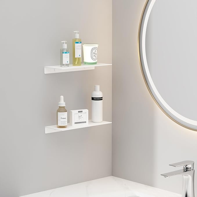 JOOM White Floating Shelves for Wall Storage, Metal Wall Shelves for Living Room, Bathroom, Kitchen, 12” Small Display Shelves for Collectibles(2 PCS)-Ruum Studio Home