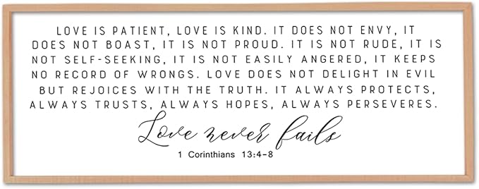 Love is Patient Kind Sign Wall Art 40"X15" 1 Corinthians 13 Bible Verse for Bedroom Above Over Bed Christianity Large Wood Framed Wall Hanging Decor (Wood）-Ruum Studio Home