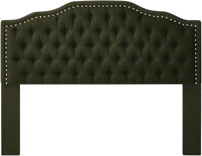 24KF Upholstered Button Tufted Queen Headboard with Nailhead Trim, Elegant Boucle Fabric Full headboard, 6031-Q-Boucle-Dark Green-Ruum Studio Home