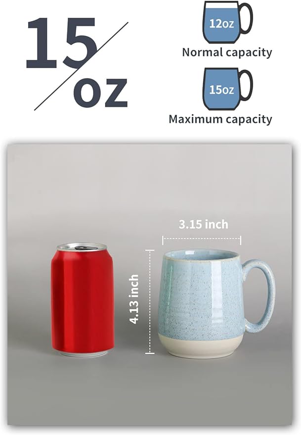 Hasense 15 Ounce Porcelain Coffee Mugs Set of 4 with Large Handle Perfect for Coffee, Tea, Milk, Chocolate and Latte, Unqiue Glaze Ceramic Coffee Cups Set for Man and Woman, Sky Blue-Ruum Studio Home
