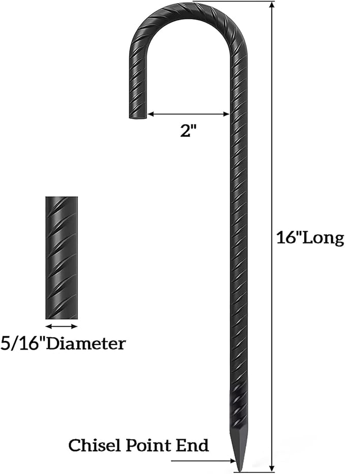 VVOKGO Rebar Stakes 16 Inches J Hook Heavy Duty Chain Link Fence Stakes, 8 Pcs Metal Long Tent Spikes Ground Anchors for Wire Fencing, Dogs Digging, Camping Tents, Swings, Greenhouse, Black-Ruum Studio Home