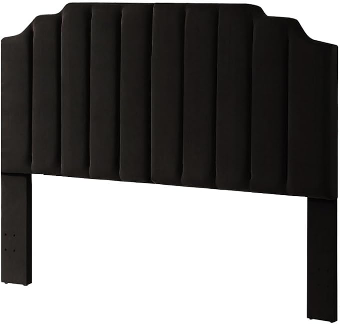 24KF Black Velvet Tufted King Upholstered Headboard, Modern Vertical Channel Design California King Headboard with Stepped Silhouette Top Edge,Black-Ruum Studio Home