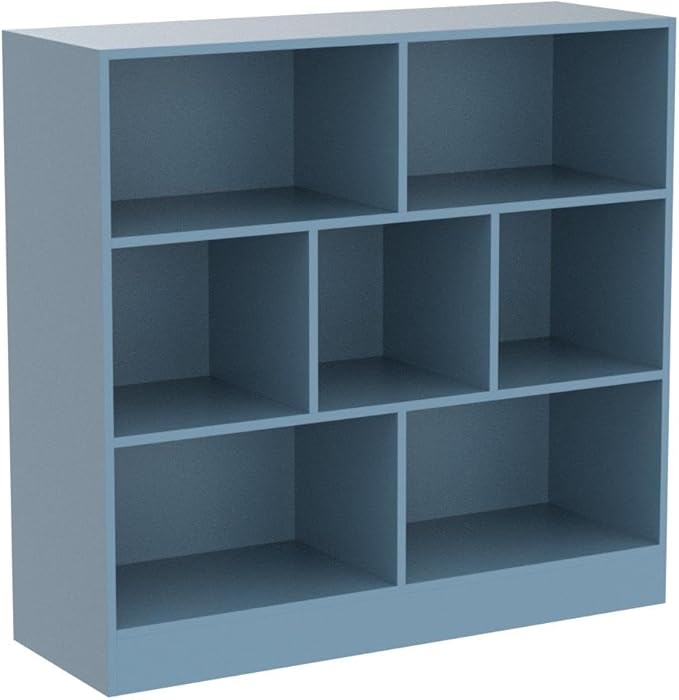 IOTXY Open Shelf Low Bookcase - Wooden 3-Tier Floor Standing Display Cabinet Organizer with Base, 7 Cubes Short Horizontal Bookshelf in Bright Blue-Ruum Studio Home