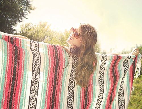 Del Mex Classic Mexican Blanket, Large Authentic Woven Falsa Throw (70"x50"), Artisan Southwest Décor for Beach, Yoga, Outdoors (Pink/Mint)-Ruum Studio Home