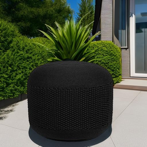 BIRDROCK HOME Outdoor Pouf Ottoman | Hand Woven Waterproof Foot Stool with Bead Bag Filling | Boho Foot Rest for Patio, Living Room, Porch & Outdoor Seating | Lightweight, Soft Stuffed Chair | Black-Ruum Studio Home