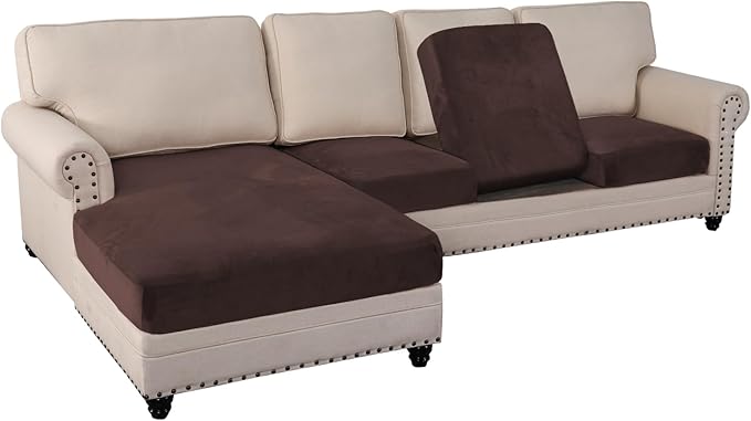 PrinceDeco Sectional Couch Covers 4 Pieces Velvet Separate Couch Cushion Covers L Shape for Left/Right Chaise Sectional Couch with Elastic Bottom (3 Seater + 1 Chaise,Brown)-Ruum Studio Home