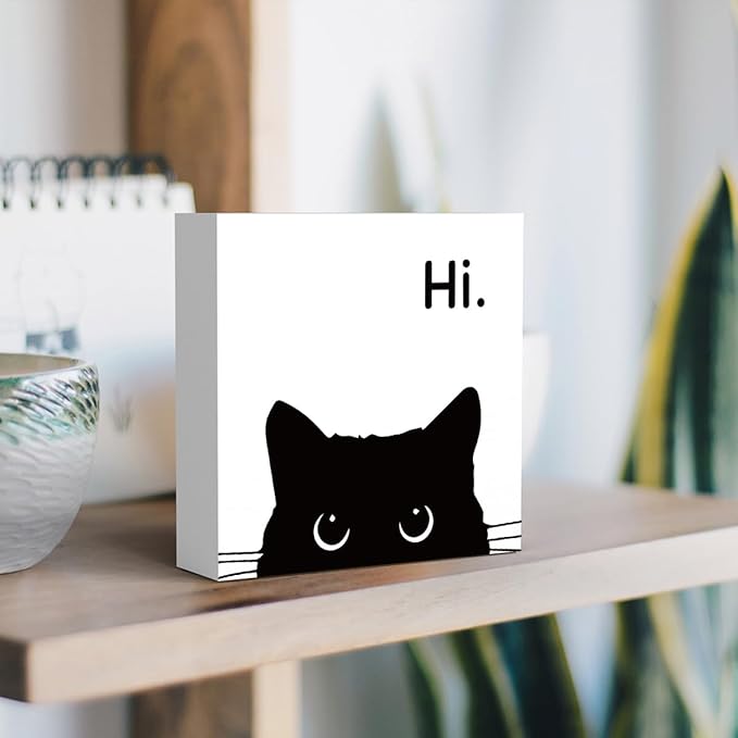 Black Cat Desk Decor, Office Decorations for Work, Cat Lover Gifts for Women, Cat Gifts for Girls, Cat Lover Gifts, Wooden Box Decor Sign for Home Farmhouse Living Room Bedroom Bathroom Classroom Gym-Ruum Studio Home