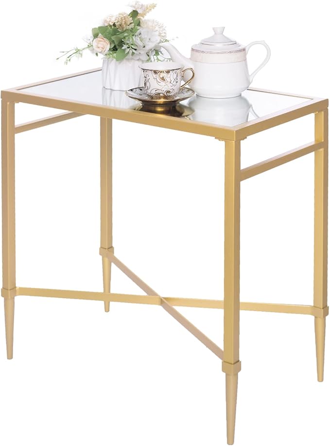 Gold End Table, Rectangle Side Table with Mirrored Top, Modern Metal End Table, Small Narrow Side Table for Living Room, Balcony, 22" L x 12.4" W x 24" D-Ruum Studio Home