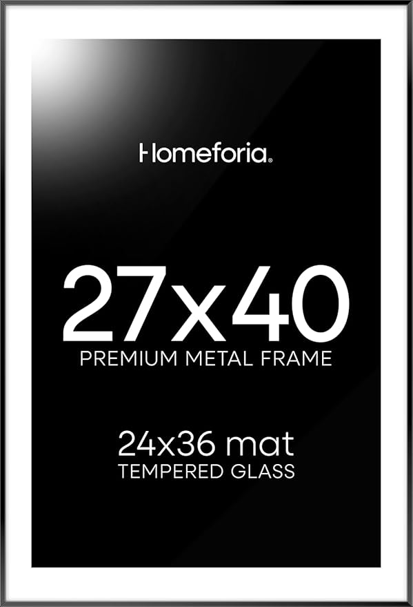 Homeforia 27x40 inch Poster Frame Black, High End Metal 27 x 40 Large Movie Picture Frames with Mat 24 by 36 in Photo, 27x40 Thin Frame Matted to 24x36, 40x27 Frame, Tempered Glass, Wall Kit, Set of 1-Ruum Studio Home
