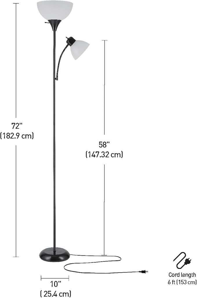 GLOBE Electric 67135 72" Torchiere Floor Lamp and Adjustable Reading Light, Matte Black, Frosted Shade, Dual Rotary Switch, 3-Step Dimming, Modern Lighting for Living Room or Office-Ruum Studio Home