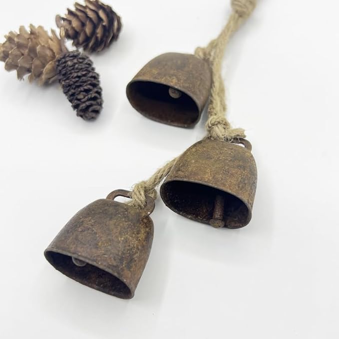 2pc Rustic Charm Bell - Handmade Hemp Rope Wind Chimes Hanging Decoration, Distressed Finish Cow Bell with Jute Hanging Rope, Perfect for Front Door, Outdoor, Window, and Home Decor,-Ruum Studio Home