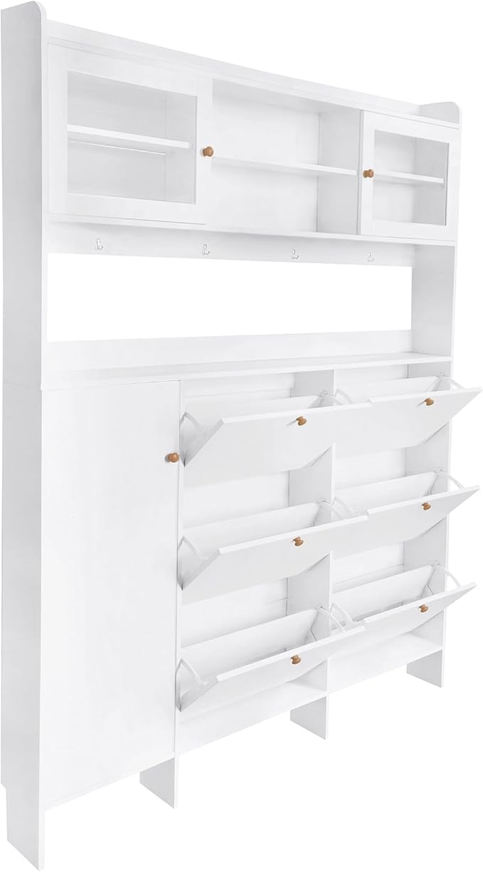 Ball & Cast Tipping Bucket 3-Tier Shoe Cabinet with 6 Flip Drawers and Storage Shelf,Entryway Hall Tree with Tempered Glass Doors and 4 Hooks,for Hallway,Mudroom,Living Room,White-Ruum Studio Home
