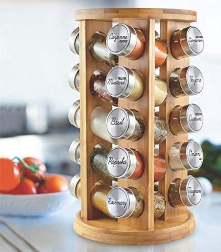 Orii 20 Jar Bamboo Spice Rack with Spices Included - Rotating Tower Organizer for Kitchen Spices and Seasonings, (Bamboo Wood)-Ruum Studio Home