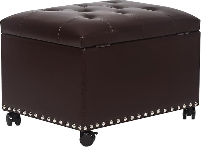 Leather Storage Ottoman Bench with Steerable Rolling Wheels, Rectangle 24 Inch Foot Rest Ottomans Stool for Living Room Bedroom (Vintage Brown)-Ruum Studio Home