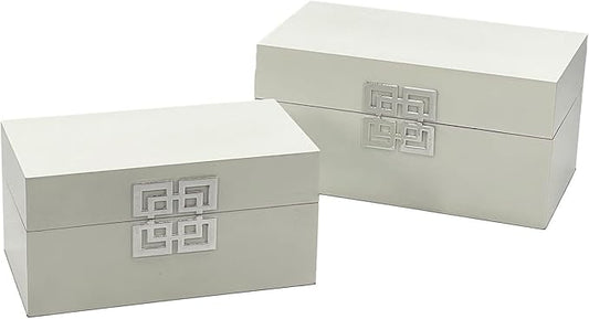 Galt International Storage Box Set Decorative Storage Box w/Hinged Lid Classic Design Wood Decor Boxes with Geometric Clasp Storage for Bedroom & Home - Set of 2 (White & Silver)-Ruum Studio Home