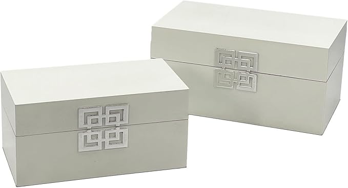 Galt International Storage Box Set Decorative Storage Box w/Hinged Lid Classic Design Wood Decor Boxes with Geometric Clasp Storage for Bedroom & Home - Set of 2 (White & Silver)-Ruum Studio Home