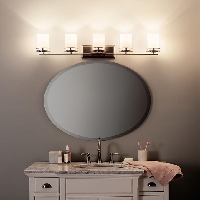 Kichler Hendrik 43" 5 Light Vanity Light with Light Umber Etched Glass Olde Bronze®-Ruum Studio Home