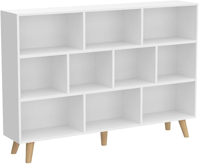 IOTXY Wooden Open Shelf Bookcase - 3-Tier Floor Standing Display Cabinet Rack with Legs, 10 Cubes Bookshelf, Warm White-Ruum Studio Home