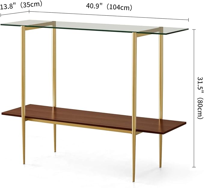 Glass Console Table for Living Room, Foyer & Entrance, 2-Tiers Mid-Century Modern Sofa Table with Clear Glass Top, Walnut Finish Wood Top and Gold Finish Metal Frame-Ruum Studio Home