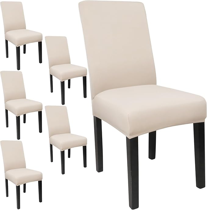 JQinHome 6 Pcs Dining Chair Slipcover,High Stretch Removable Washable Chair Seat Protector Cover for Home Party Hotel Wedding Ceremony (Beige White)-Ruum Studio Home