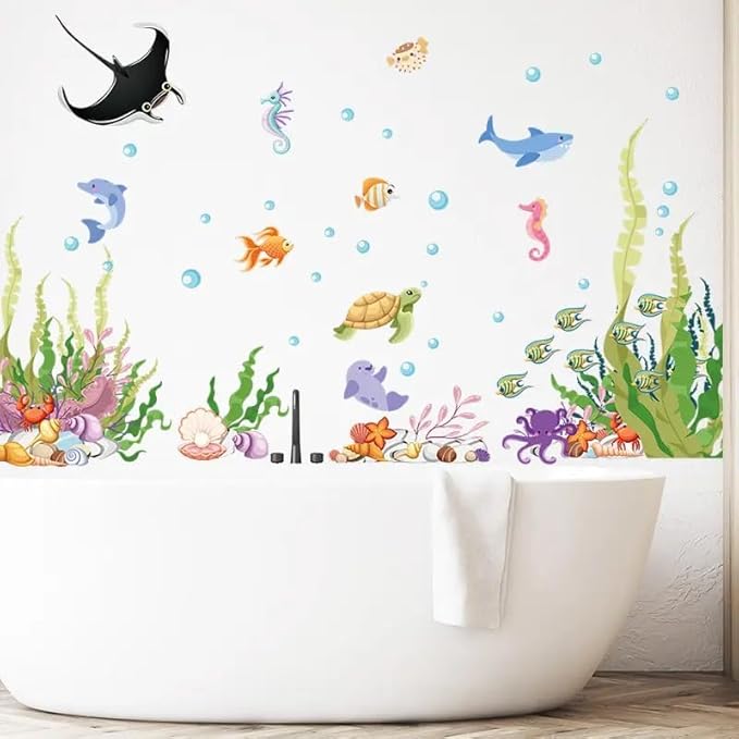 2 Sheets of 12x36 Inch Spring Summer Window Cling Sticker Fish, Plants, Aquatic Theme Window Stickers, Spring and Summer Decor, Home, Shop, Party Window, Glass, Wall Display Stickers (Aquatic Theme)-Ruum Studio Home