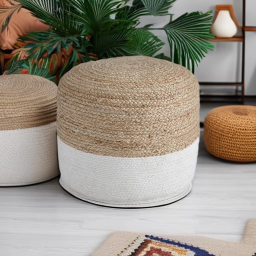 Signature Design by Ashley Sweed Valley Jute & Cotton Pouf, 19 x 19 Inches, Beige & White-Ruum Studio Home