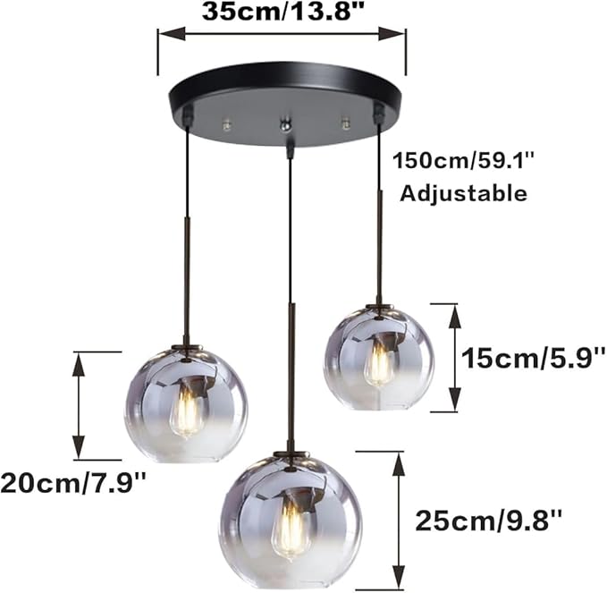 KCO Lighting Modern 3-Light Hanging Light Fixture Silver Gradient Glass Globe Pendant Ceiling Lighting with Adjustable Cord Mid Century Hanging Chandelier Light Fixture for Kitchen Island Bedroom…-Ruum Studio Home