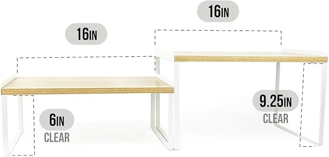 Mitus Shelf Organizer and Storage, Stackable Tiered Wood Cabinet Rack for Countertops, Desktops, Cabinets (Set of 2) 16" Wide Natural Oak and White-Ruum Studio Home