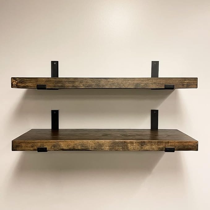 Rustic Shelves with J-Brackets Set of 2, Industrial Shelf, Kitchen Shelves, Solid Wood, Decorative Wall Storage, Heavy Duty, URBANDI (Dark Brown, 24Wx12D)-Ruum Studio Home