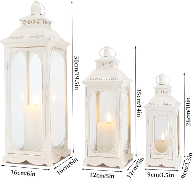 TRIROCKS Set of 3 Vintage Candle Lanterns 10/14/19.5'' High Decorative Outdoor Lantern Metal Candle Holder with Tempered Glass for Home Living Room Garden Yard Parties Events Indoors Outdoors (White)-Ruum Studio Home