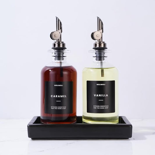 Molimoli Oil and Vinegar Dispenser with Metal Pour Spout, Weighted Pourer, Glass Bottle Dispenser for Kitchen w. Ceramic Tray|Black, 350ml, Set of 2-Ruum Studio Home